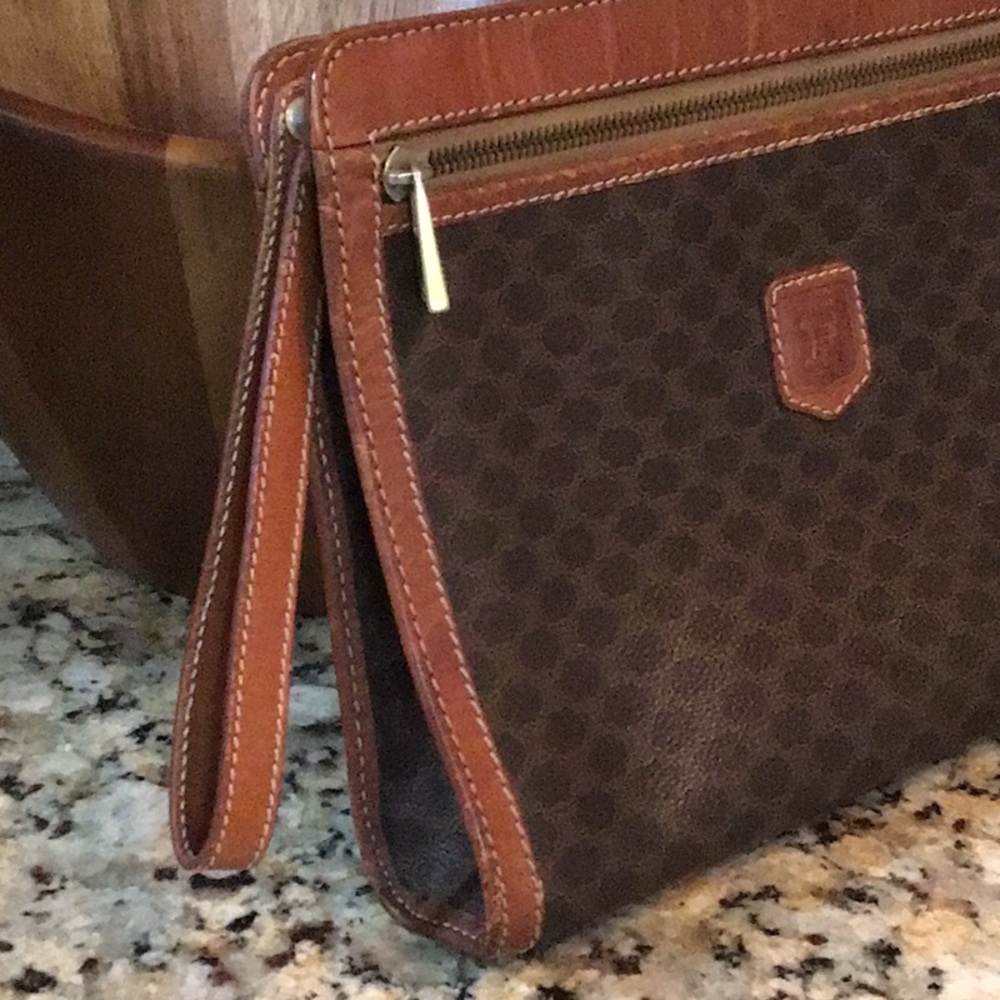 Authentic CELINE Macadam Dark Brown & Tan Leather Large Clutch Wristlet Bag